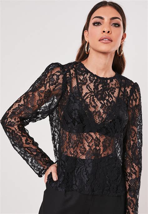 Black Lace Long Sleeve Round Neck Top Missguided