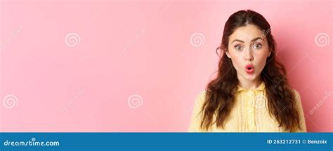 Close Up Portrait Of Surprised Brunette Girl Saying Wow Folding Lips