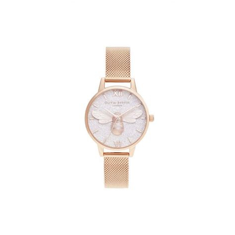 Olivia Burton Glitter Dial Lucky Bee And Rose Gold Mesh Watch Watches