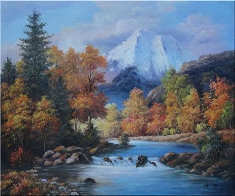 Beautiful Landscape With River Autumn Tree And Snow Mountain Oil