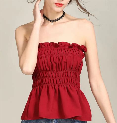 summer korean version of slim fashion ruffle strapless short tanks sexy lady casual solid color