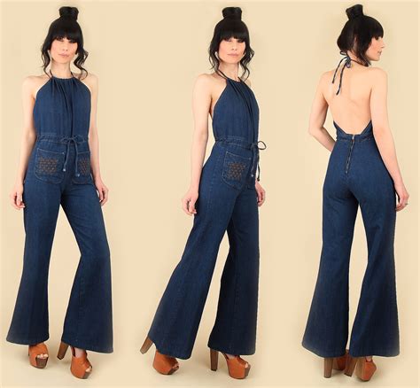 Vintage 70s Bell Bottom Denim Jumpsuit Deep V — Hellhound Vintage