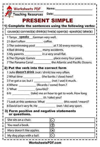 complete  sentences simple present worksheets  simple