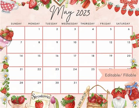 Cute May 2023 Calendar Strawberry Gnome Sweet Spring May 23 Etsy