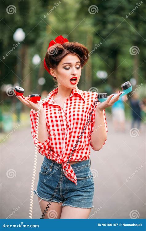 Glamour Pin Up Girl With Retro Rotary Telephones Stock Image Image Of