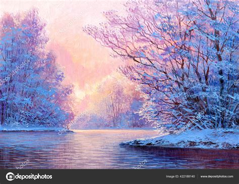 Winter Landscape River Original Oil Painting Stock Photo By ©sbelov