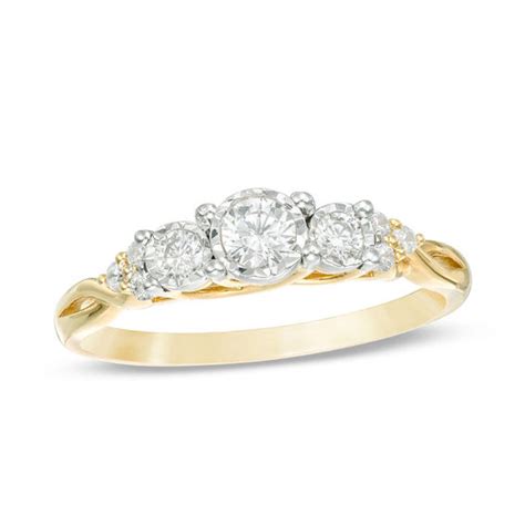 While every engagement ring is imbued with its own special meaning, this beautiful representation makes three stone engagement rings an especially romantic choice. 1/3 CT. T.W. Diamond Past Present Future® Tri-Sides Twist Shank Engagement Ring in 10K Gold | Zales