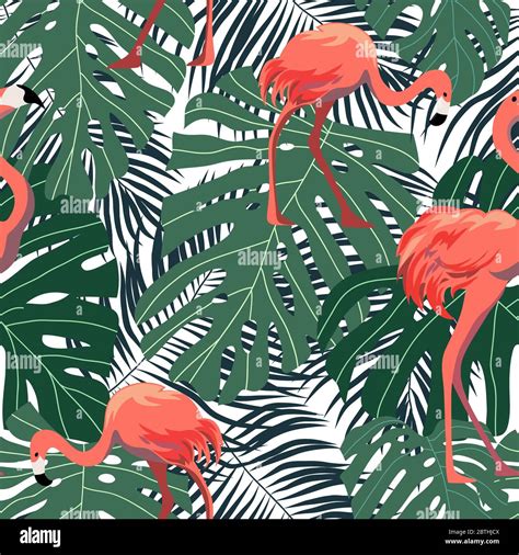 Seamless Pattern With Pink Flamingos On Background With Tropical Leaves