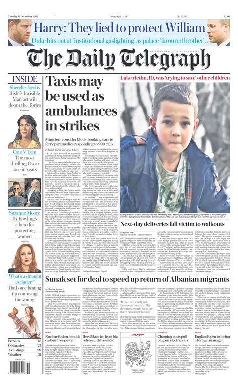 Daily Telegraph Front Page 13th Of December 2022 Tomorrow S Papers Today