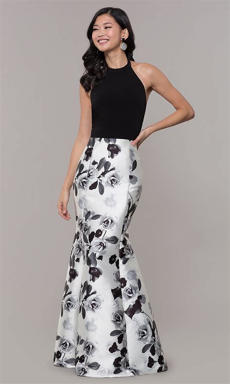 Long Black and White Floral-Print Prom Dress -PromGirl
