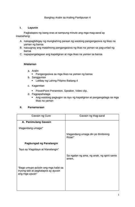 Lesson Plan Sa Ap Aralin Banghay Aralin Sa Araling Panlipunan I