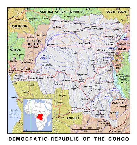 Detailed Political Map Of Congo Democratic Republic With Relief Congo