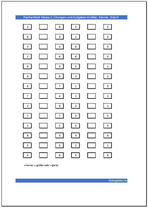 Vorlagen für aufgaben auf karierter lineatur in word. Klasse 1 Mathematik Größer, Kleiner, Gleich Übungen, Aufgaben, Arbeitsblätter