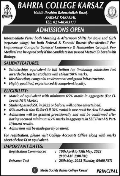 Bahria College Karsaz Bckk Karachi Announces Fa Fsc Admission 2024 Online