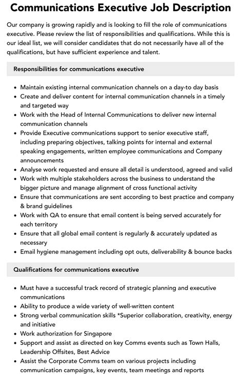 Communications Executive Job Description Velvet Jobs