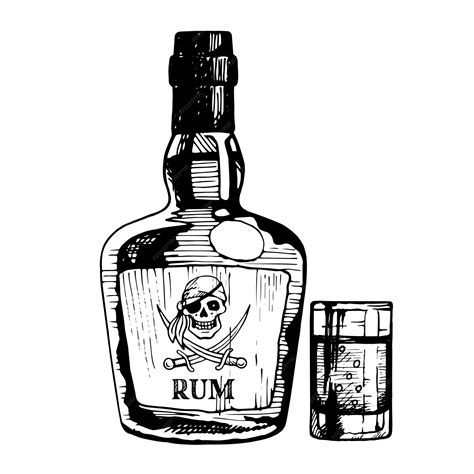 Garrafa De Rum Com Pirata No Rótulo E Vidro Esboço De Tinta De