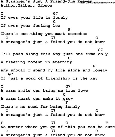 This is a story of a man and a woman who try to defy the odds and prove to everyone that men and women can be just friends. Country Music:A Stranger's Just A Friend-Jim Reeves Lyrics ...