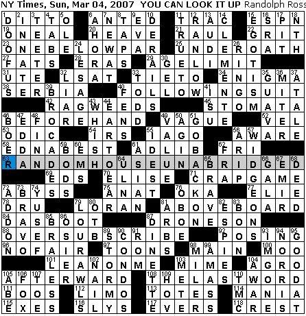 He solves the puzzle the night before it publishes — using the ios app which. Rex Parker Does the NYT Crossword Puzzle: SUNDAY, Mar. 4 ...