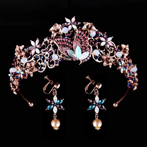 Luxury Vintage Ancient Gold Wedding Crown With Earrings Alloy Bridal