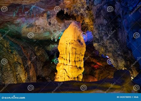 Underground Karst Cave Illuminated By Color Light Stock Image Image