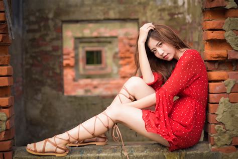 Wallpaper Legs Women Sitting Bricks Asian Model Looking At