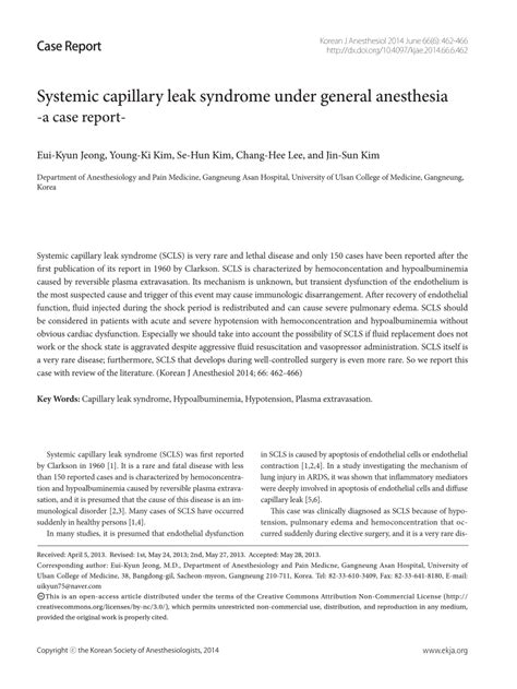 PDF Systemic Capillary Leak Syndrome Under General Anesthesia A Case
