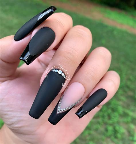 Black On Black Matte And Glossy Nails With Bling Accents Etsy