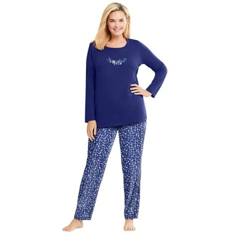 Dreams And Co Womens Plus Size Petite Long Sleeve Knit Pj Set Pajamas