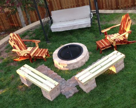 Fire Pit With Benches And Adirondack Chairs And Swing Backyard Fun