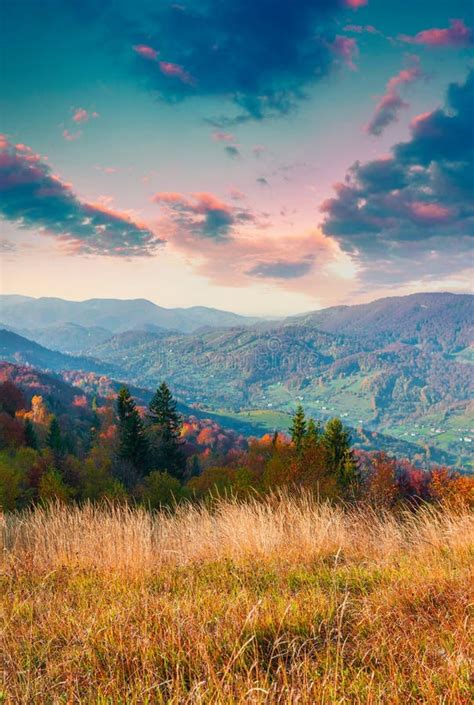 Colorful Autumn Sunrise In The Carpathian Mountains Stock Image