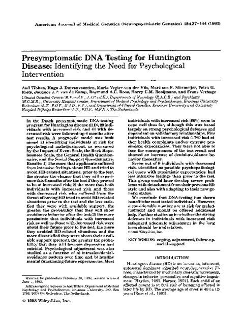 Check spelling or type a new query. (PDF) Presymptomatic DNA testing for Huntington disease ...