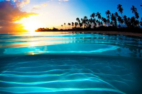 Liquid Crystal Sunset Sea Beach Palm Trees Clouds Turquoise