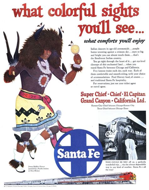 1952 Santa Fe Railroad Ad Jemez Buffalo Dancer Painted By A Pueblo Indian Of New Mexico Train