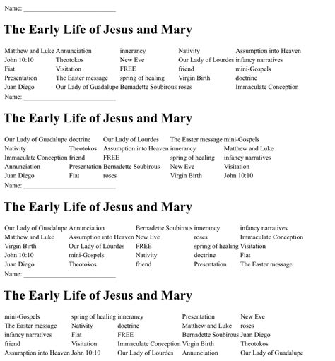 The Early Life Of Jesus And Mary Bingo Cards Wordmint