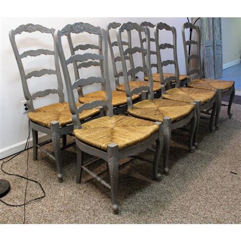Item features woven rush seats, (6) side chairs features brimming with french country charm, this set of two dining chairs boasts a classic cream frame, navy velvet upholstery and silver nail head trim. Country French Rush Seat Dining Chairs - Set of 8 | Chairish