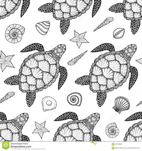 Seamless Pattern With Sea Turtle And Shells In Line Art Style Hand