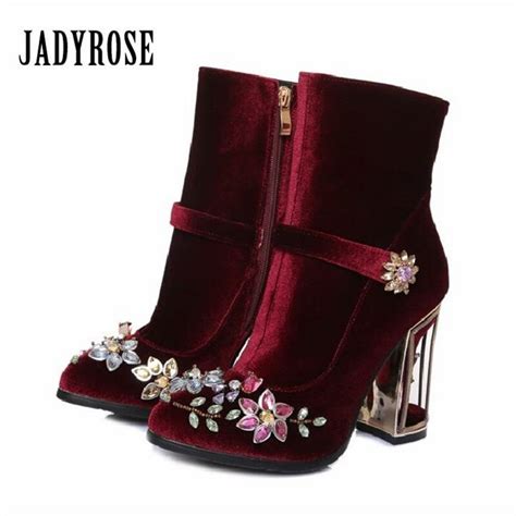 Jady Rose Wine Red Velvet Ankle Boots For Women Retro Birdcage High
