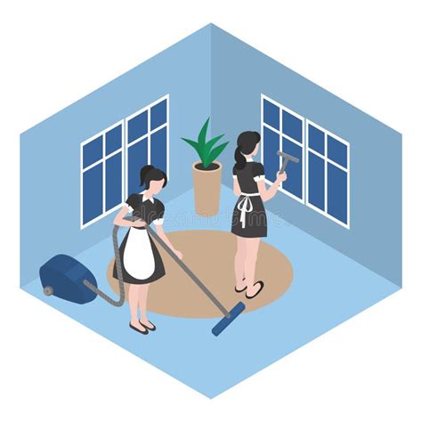 Cleanup In The Hotel Room Isometric Maid In Uniform Cleaning Company Staff Works In Office