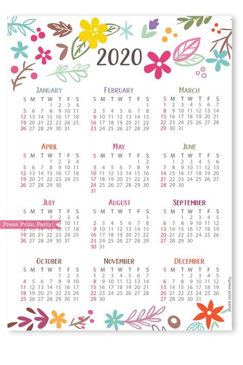 2020 One Page Bullet Journal Calendar Printable Cute Press Print Party