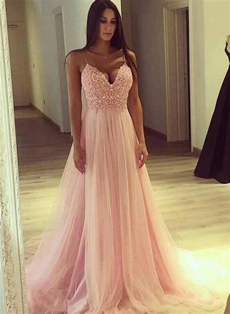 Pink A Line Tulle Long Prom Dress Pink Evening Dress Light Pink Prom