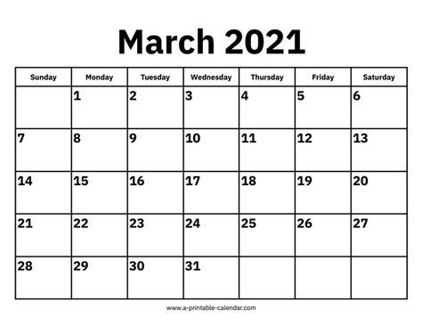 March 2021 Calendar A Printable Calendar
