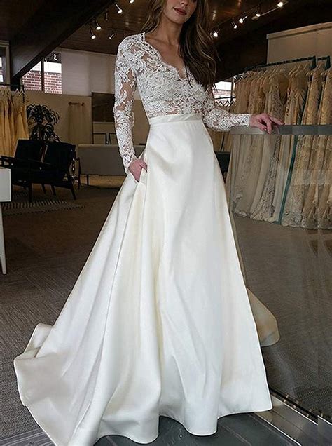 Cheap V Neck Lace Long Sleeves Satin Wedding Dress With Pocket Ow337