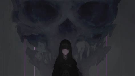 Download 1366x768 Wallpaper Anime Girl Purple Eyes Dark Skull