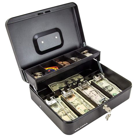 black steel cash box with safe key lock tiered money coin tray and bill slots portable and