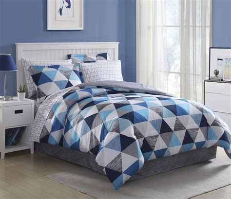 Soft, breathable and light material for sweet dreams. Essential Home Complete Bedding Set - Blue Triangles ...