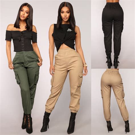 autumn new women stretch pants fashion high waist cargo pants khaki army green black solid long