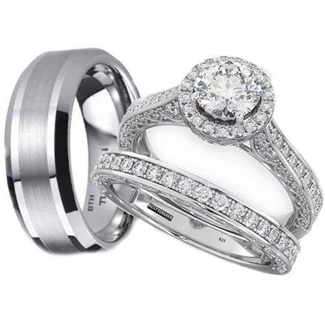His And Hers Tungsten 925 Sterling Silver Wedding Engagement Ring Set