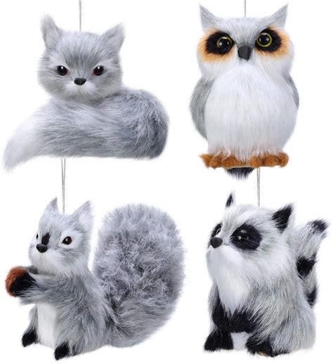 4 Pieces Plush Animal Ornament Woodland Fur Animal Ornaments Furry Gray
