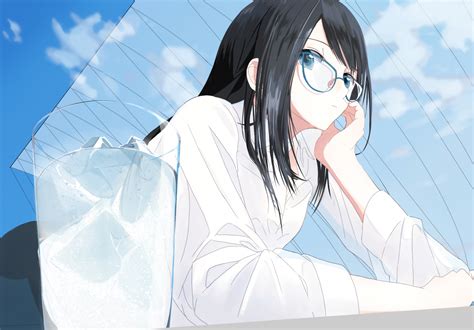 Wallpaper Illustration Long Hair Anime Girls Blue Eyes Glasses Sky Clouds Black Hair