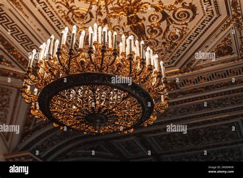 Vintage historical golden royal chandelier in the Hermitage Museum